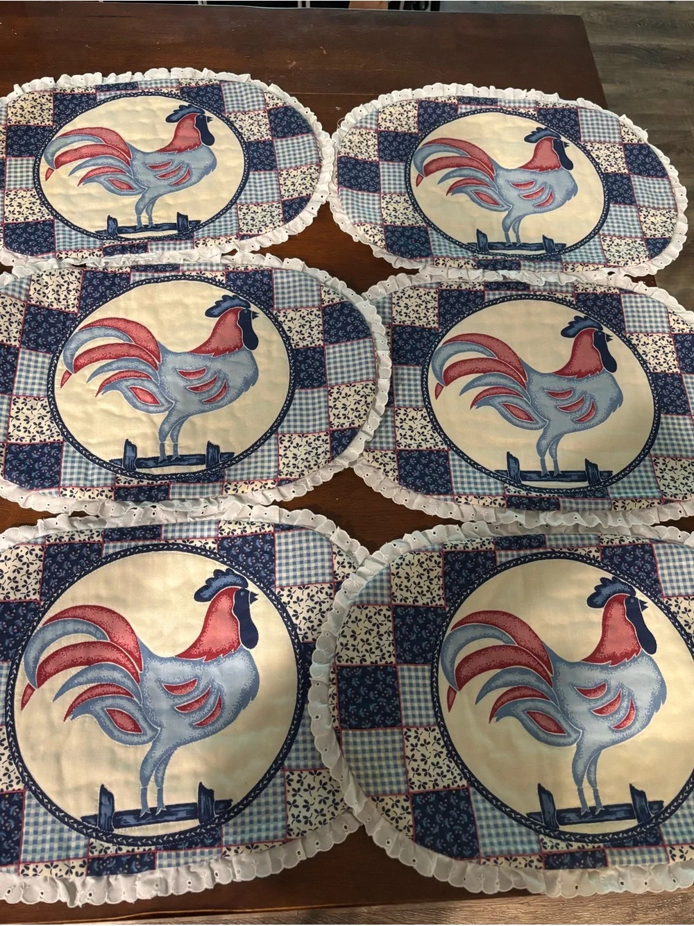 Vtg Cottagecore Chicken Placemats Ruffle Grandma Set of 6